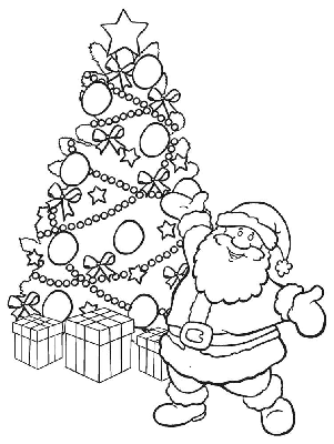 Kolorowanka Mikołaj prezentuje swoją choinkę na Boże Narodzenie